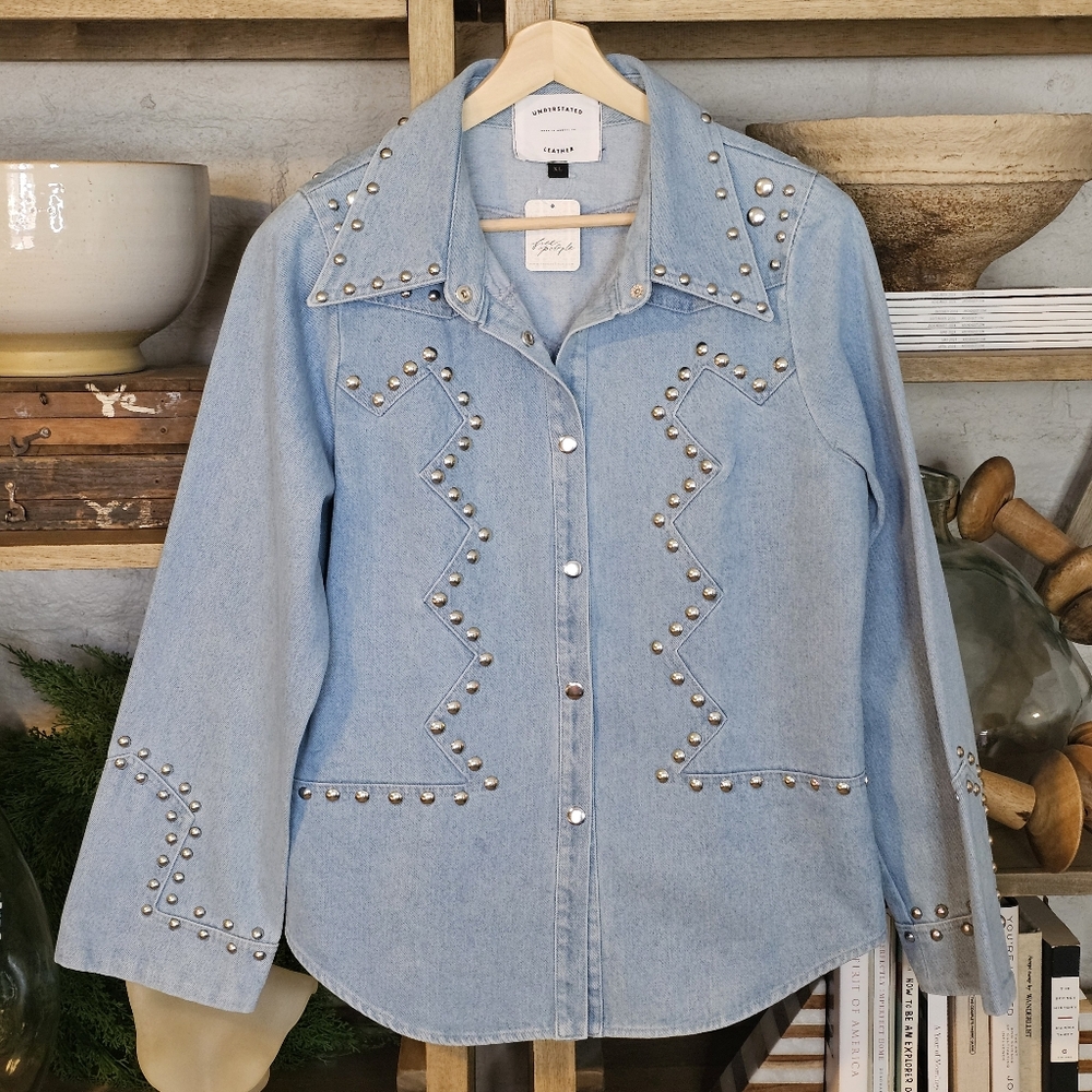 Free People Understated Leather Bluegrass Cotton Denim Shirt Jacket Vintage Blue